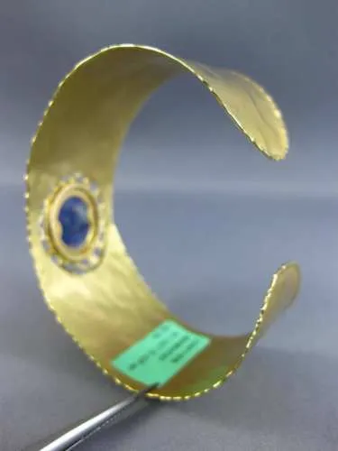 ESTATE WIDE 4.97CT DIAMOND & AAA SODALITE 18KT YELLOW GOLD CUFF BANGLE BRACELET