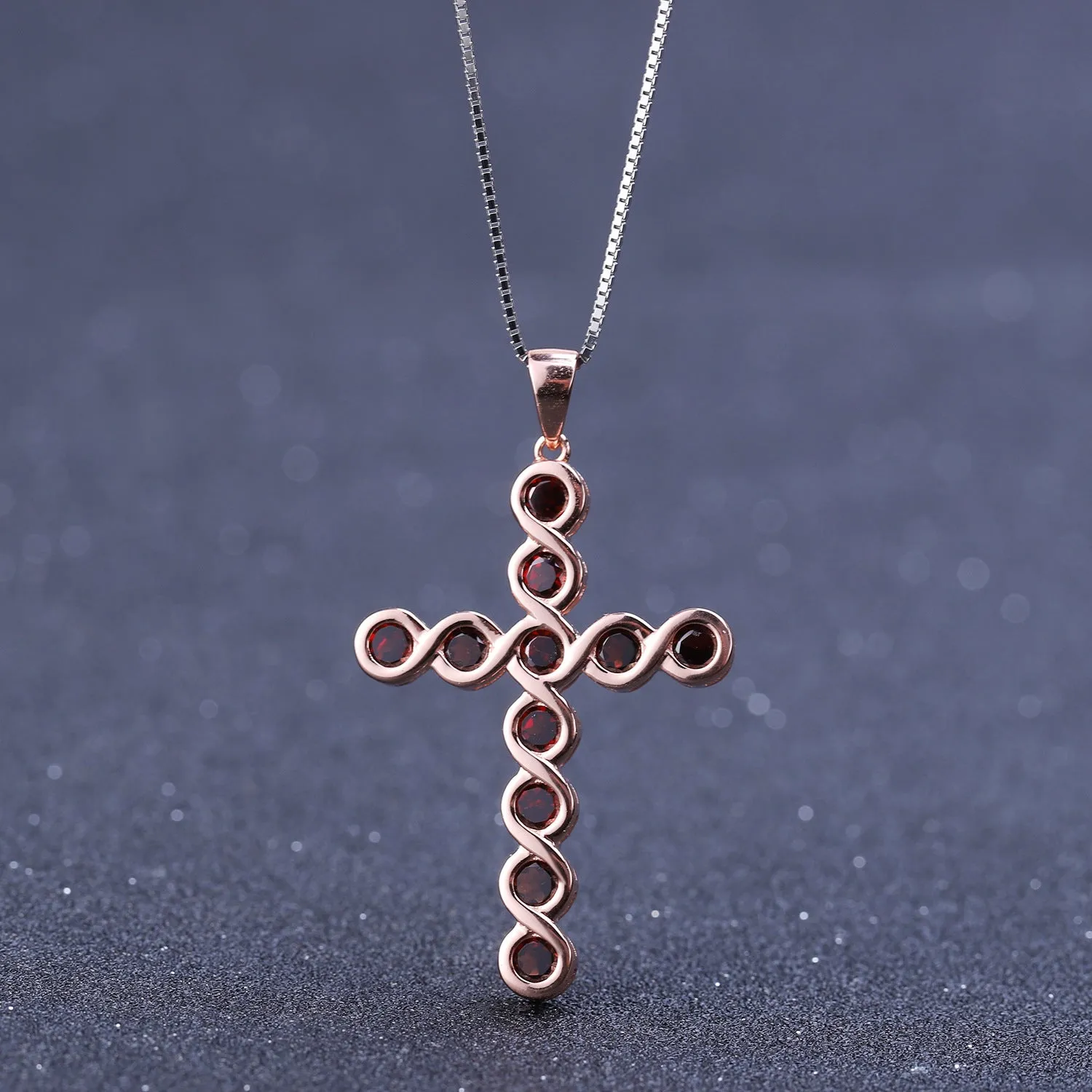 Europen Style Natural Garnet Cross Pendant Plated Rose Gold Silver Necklace for Women