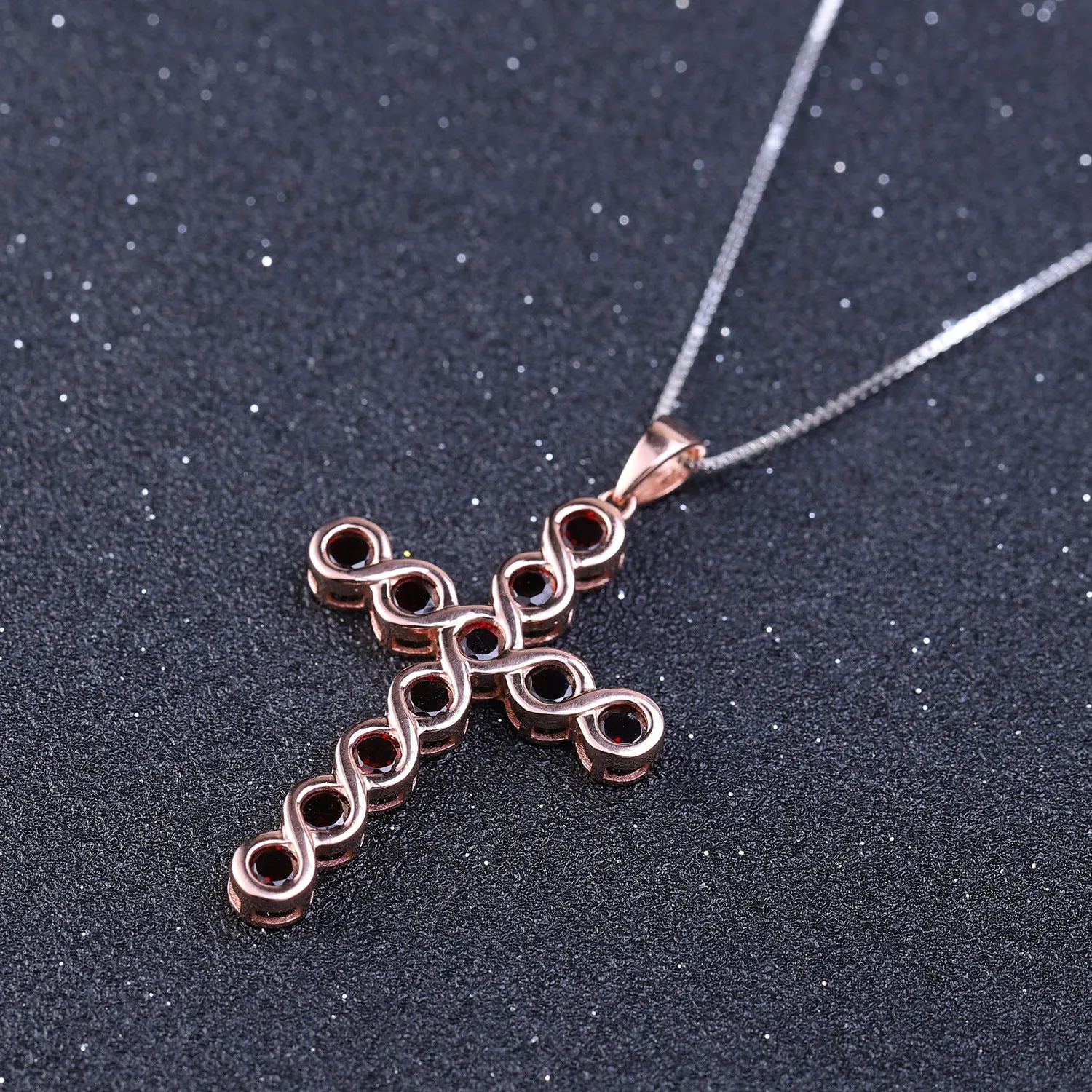 Europen Style Natural Garnet Cross Pendant Plated Rose Gold Silver Necklace for Women