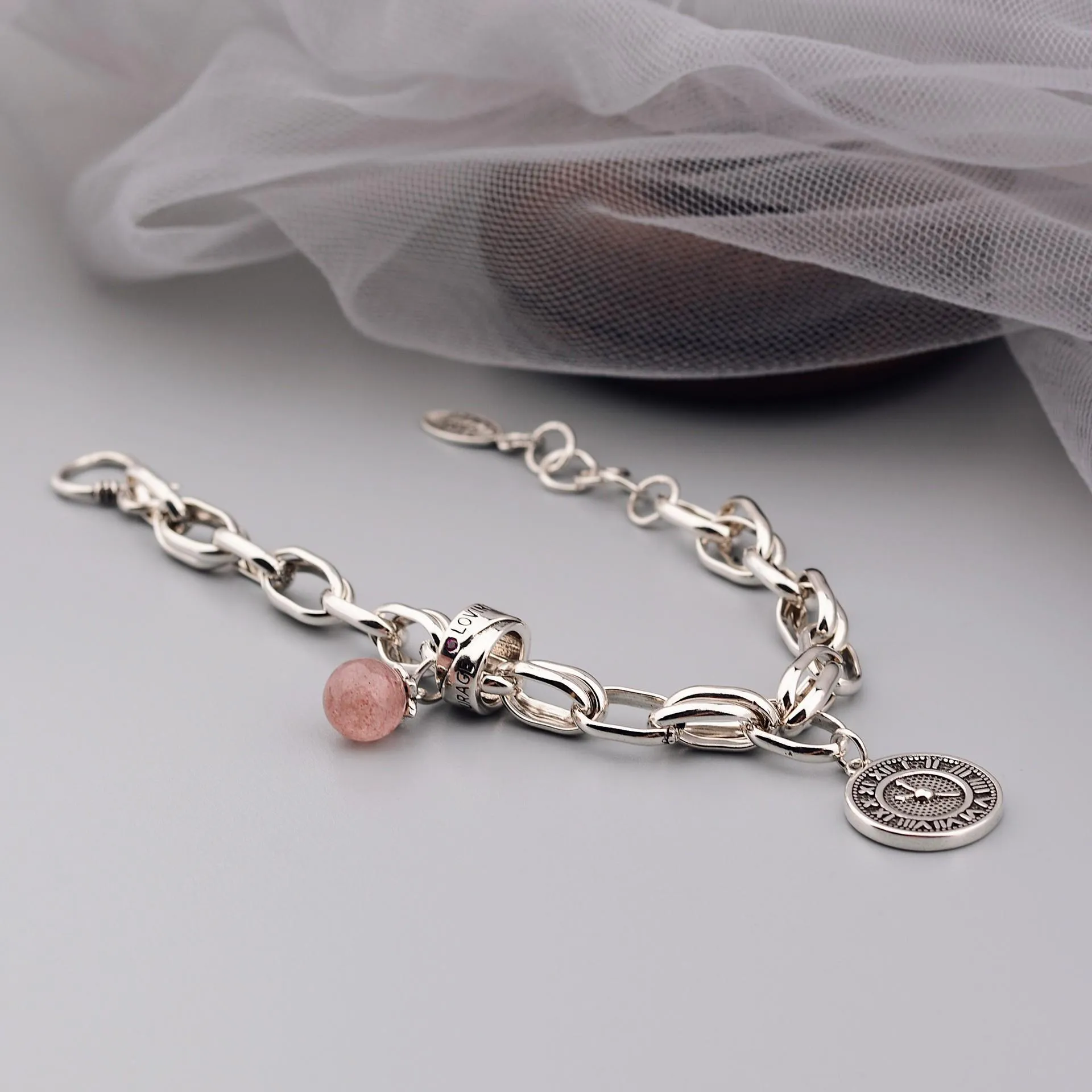 Fashion Round Brand Strawberry Crystal Thai Silver Bracelet Female Simple Personality Cold Wind Retro Old Heavy Hand Jewelry