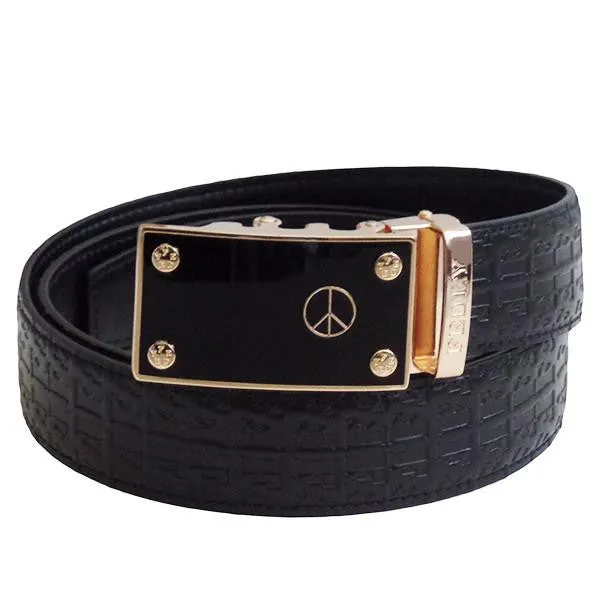 FEDEY Mens Signature Ratchet Leather Belt w PEACE Statement Buckle