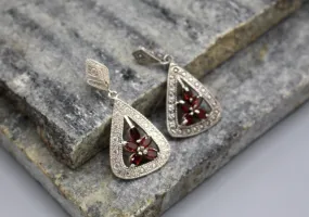 Fine Carving Garnet Inlaid Sterling Silver Dangle Earrings