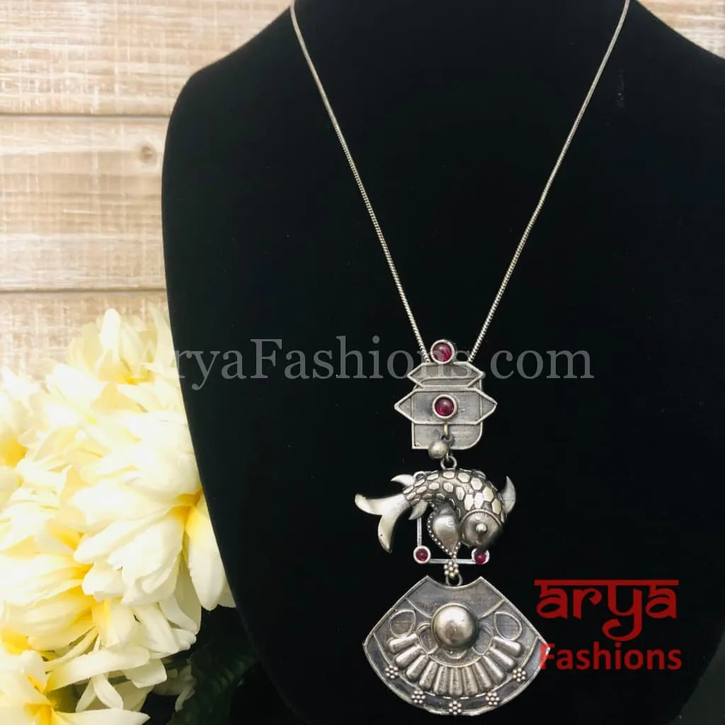 Fish Oxidized Silver Pendant with Chain