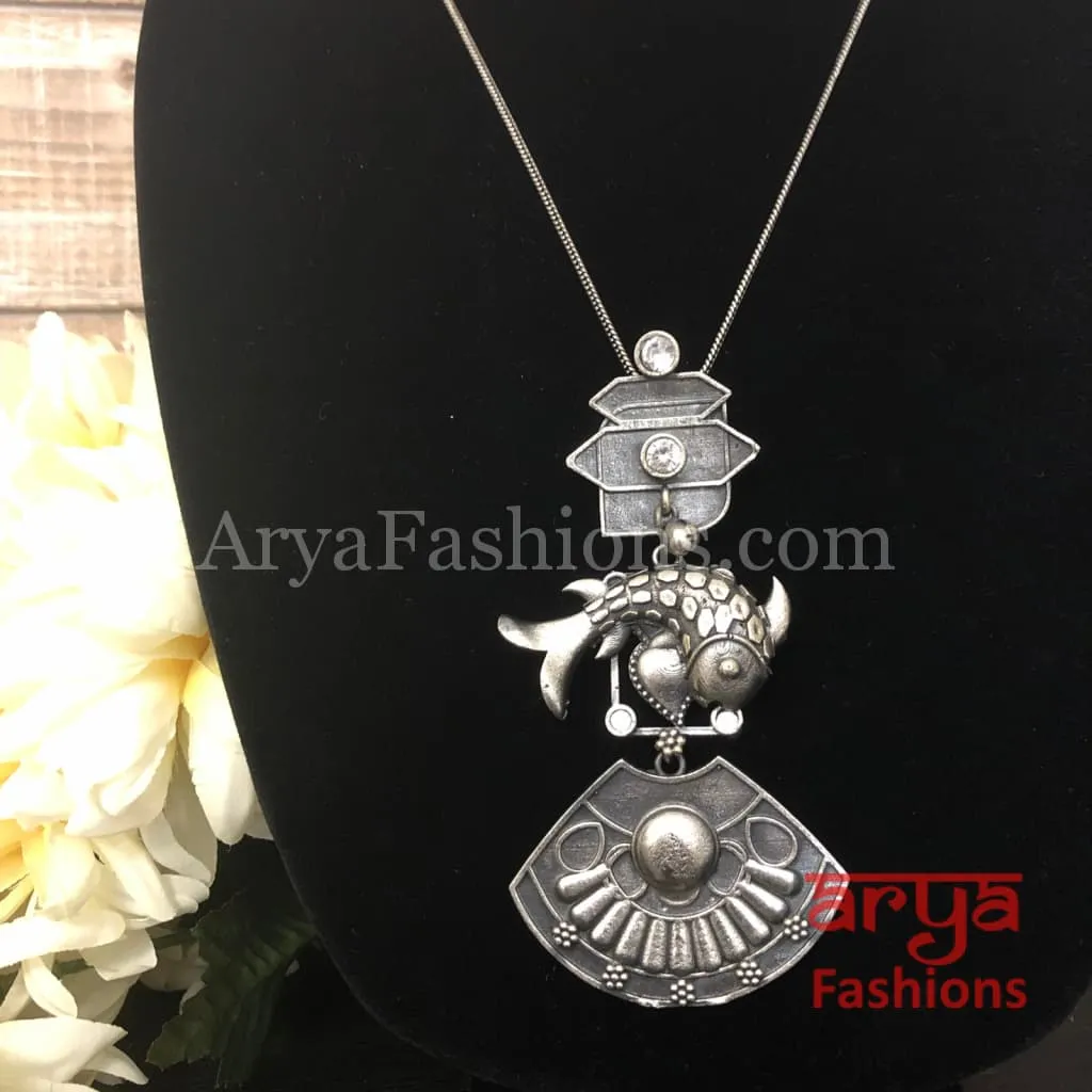 Fish Oxidized Silver Pendant with Chain