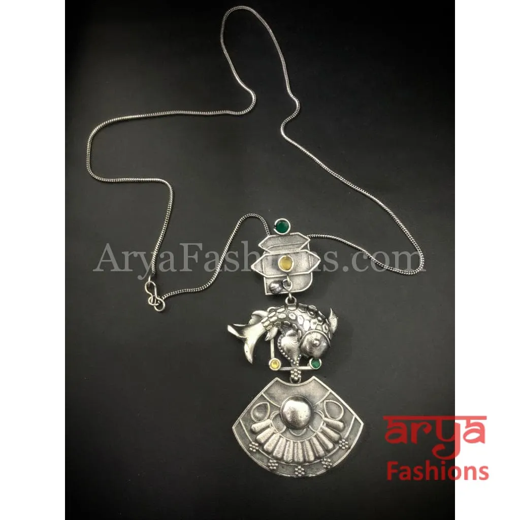 Fish Oxidized Silver Pendant with Chain