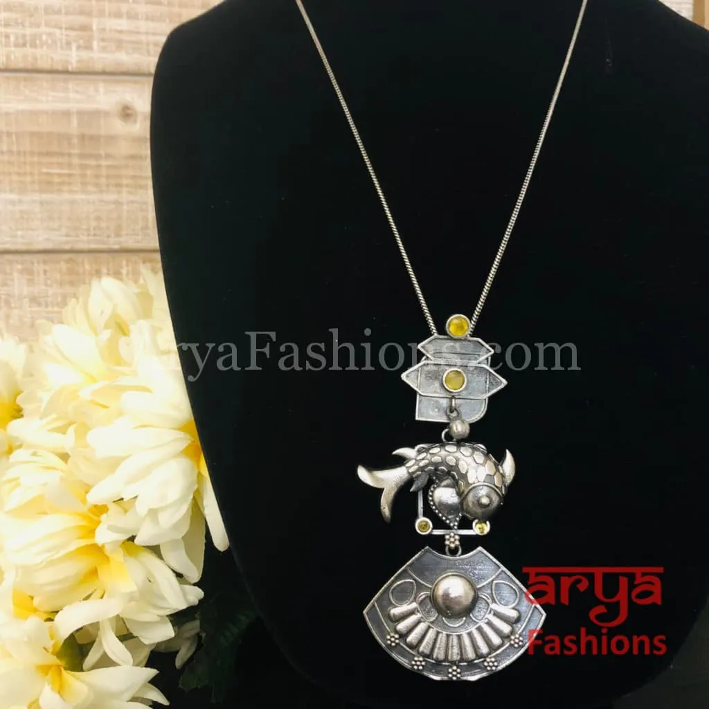 Fish Oxidized Silver Pendant with Chain