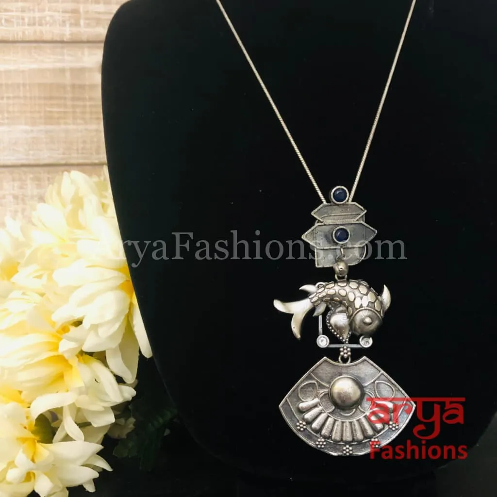 Fish Oxidized Silver Pendant with Chain