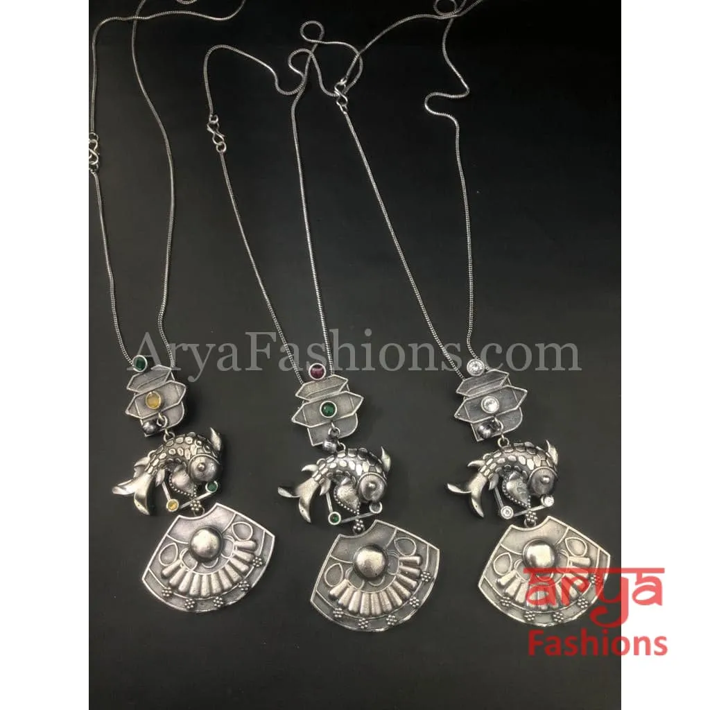 Fish Oxidized Silver Pendant with Chain