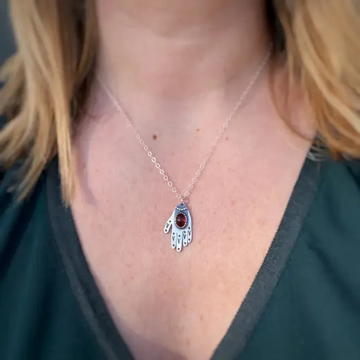 Garnet Hamsa Hand Sterling Silver Pendant