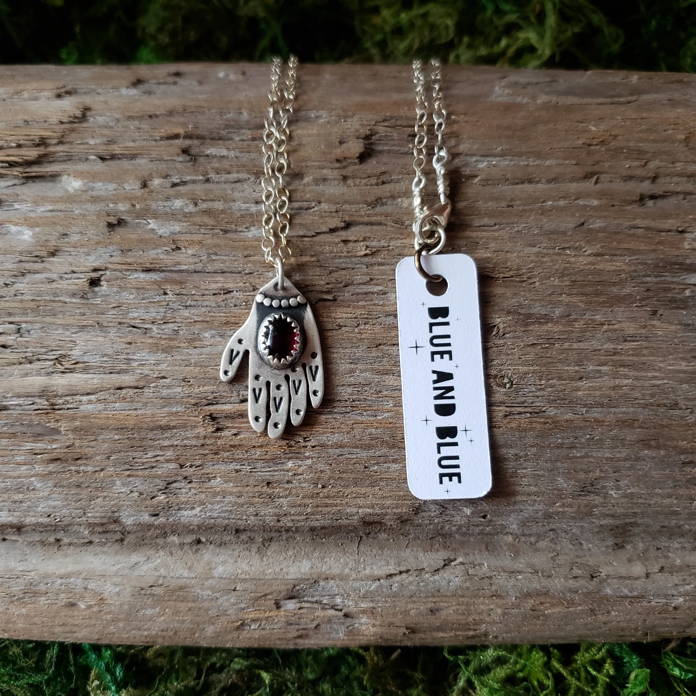 Garnet Hamsa Hand Sterling Silver Pendant