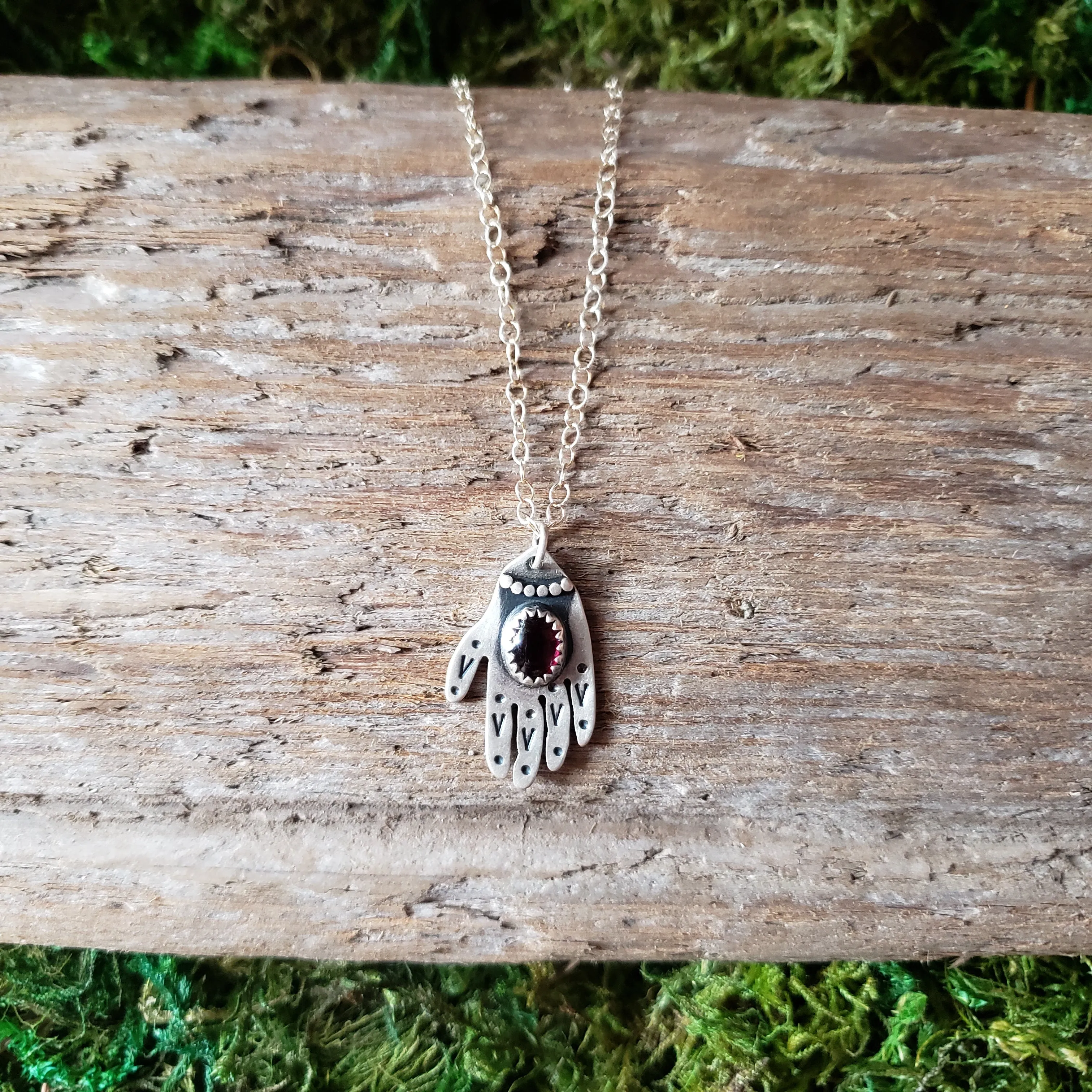 Garnet Hamsa Hand Sterling Silver Pendant