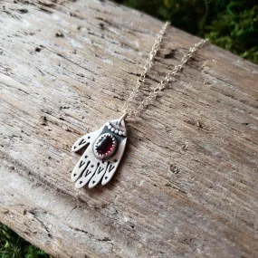 Garnet Hamsa Hand Sterling Silver Pendant