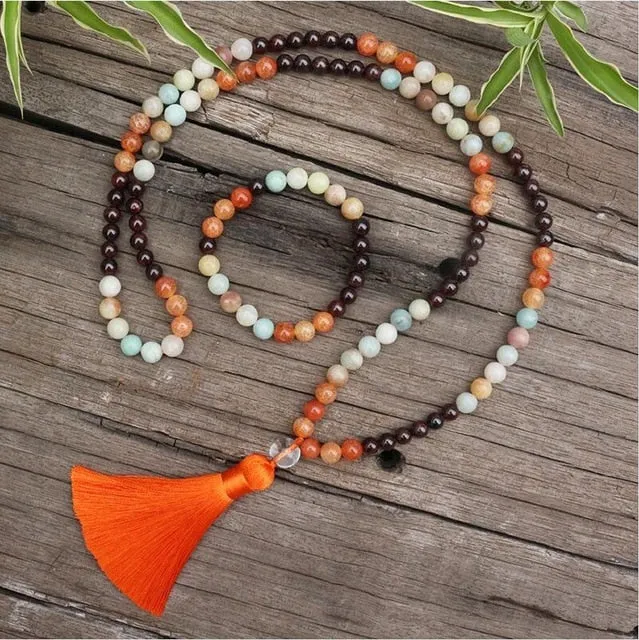 Garnet, Orange Onyx & Amazonite Bracelet/Necklace/Mala Set