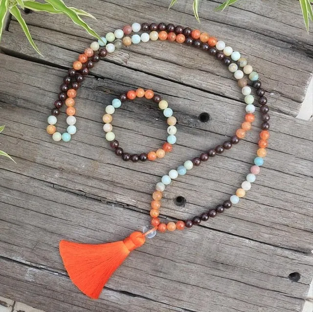 Garnet, Orange Onyx & Amazonite Bracelet/Necklace/Mala Set
