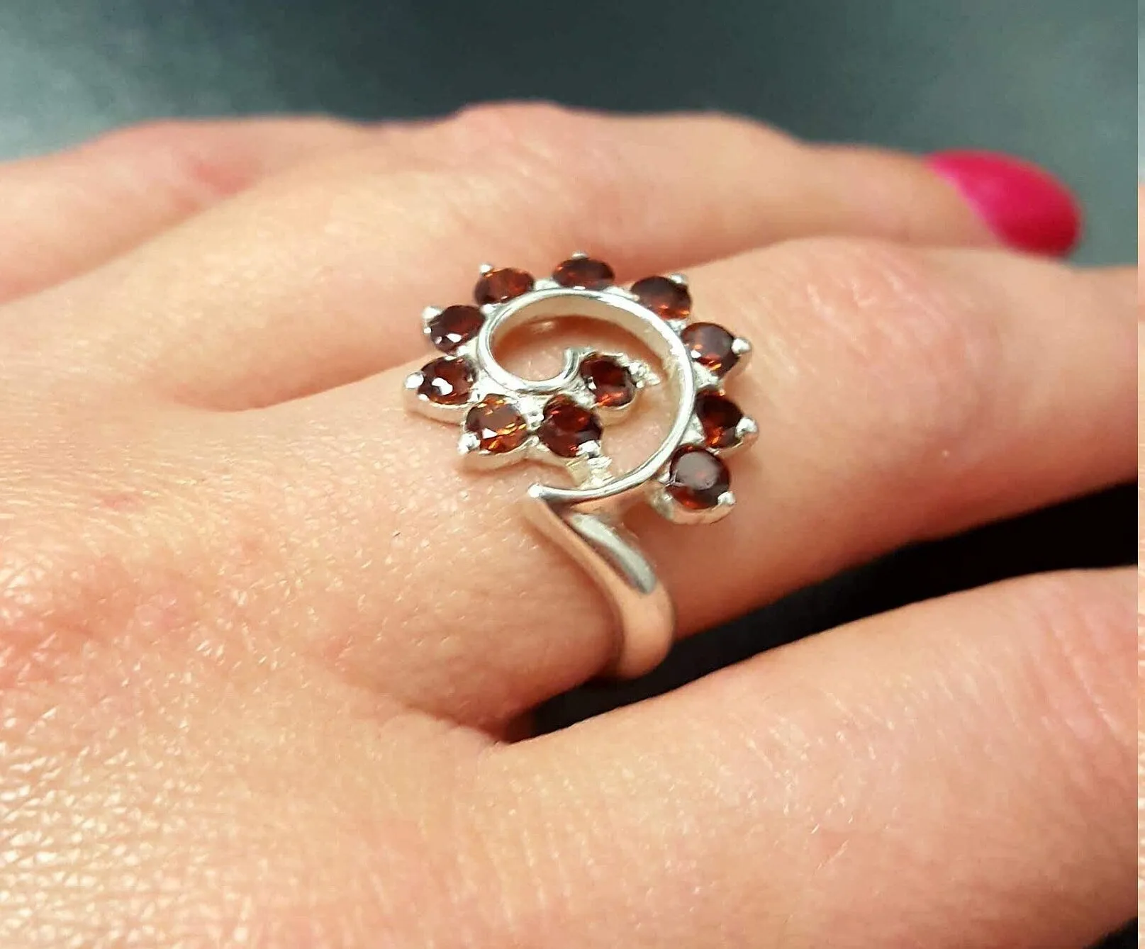 Garnet Ring - Red Spiral Ring - Swirl Garnet Ring