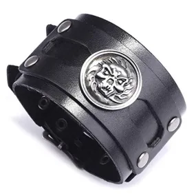 Genuine Leather Handmade Wide Size Bracelet with Skull Head Charms Snap Button Clasp New Men's Bangle Jewelry Bracelet