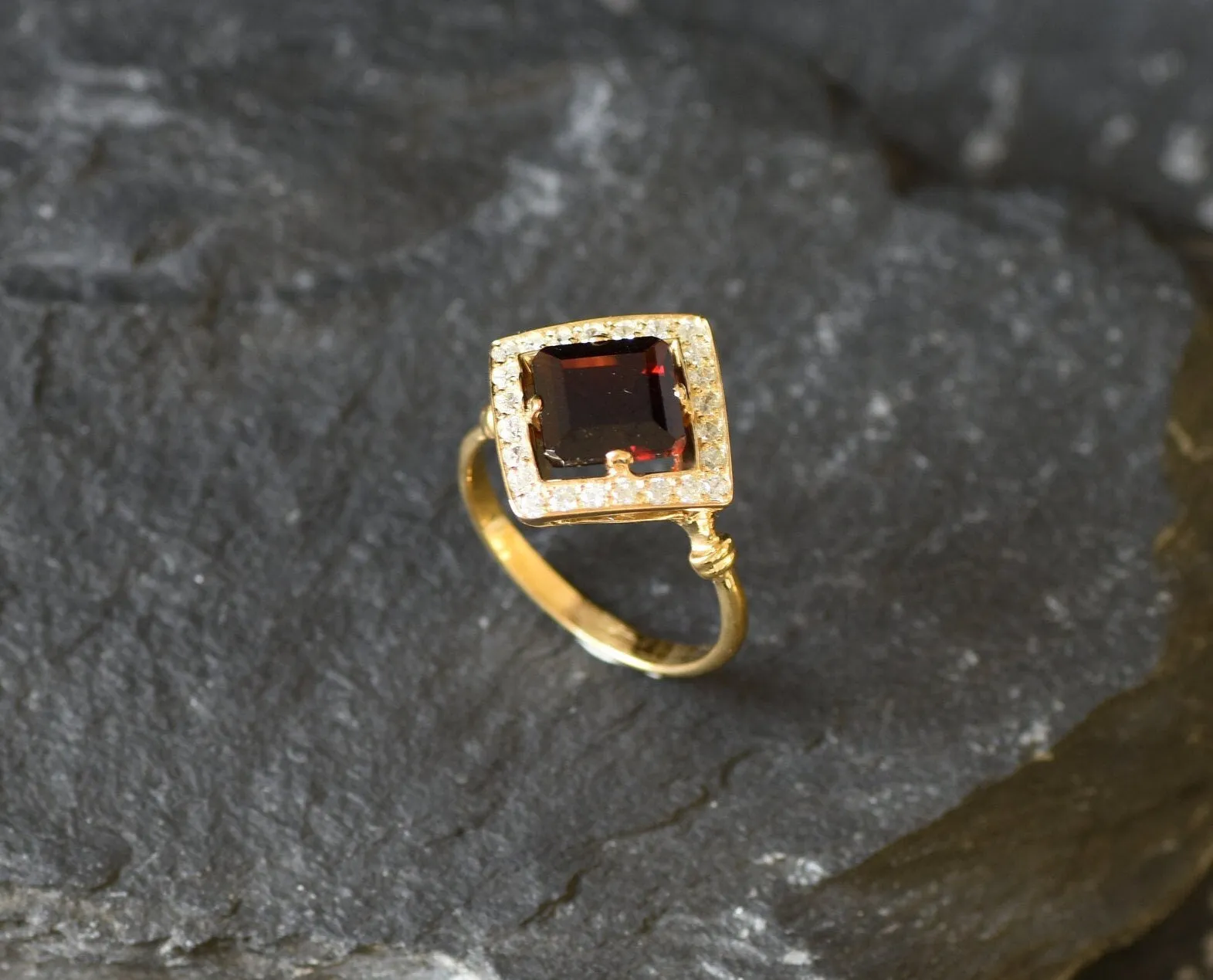 Gold Garnet Ring - Natural Garnet Ring, January Birthstone Ring