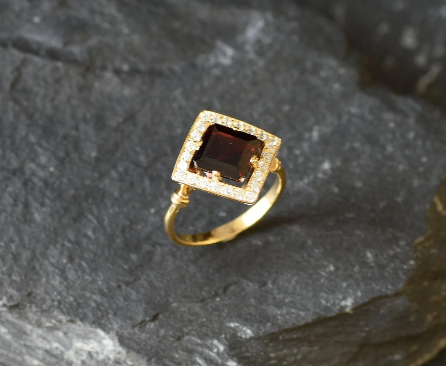 Gold Garnet Ring - Natural Garnet Ring, January Birthstone Ring