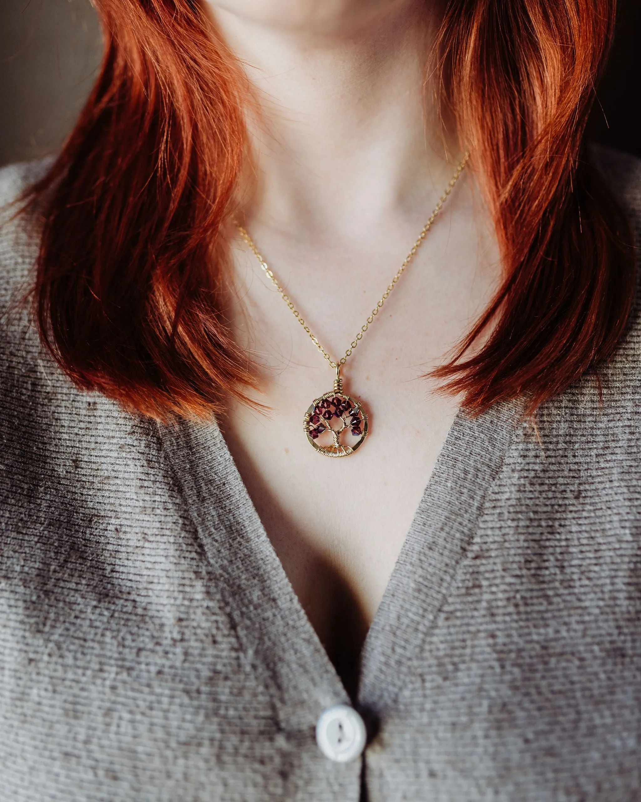 Gold Garnet Tree of Life Crystal Necklace (January)