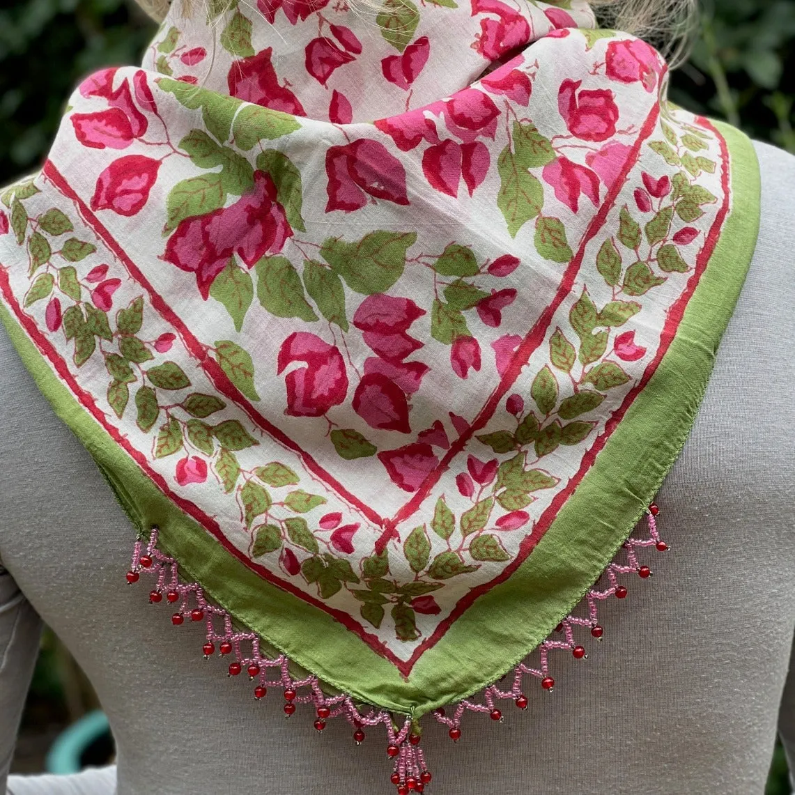 Hand Block Print Scarf - Pink & Green Floral