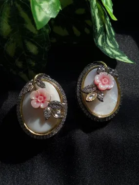Hand Carved Stone Earrings With Antique Meena Finish