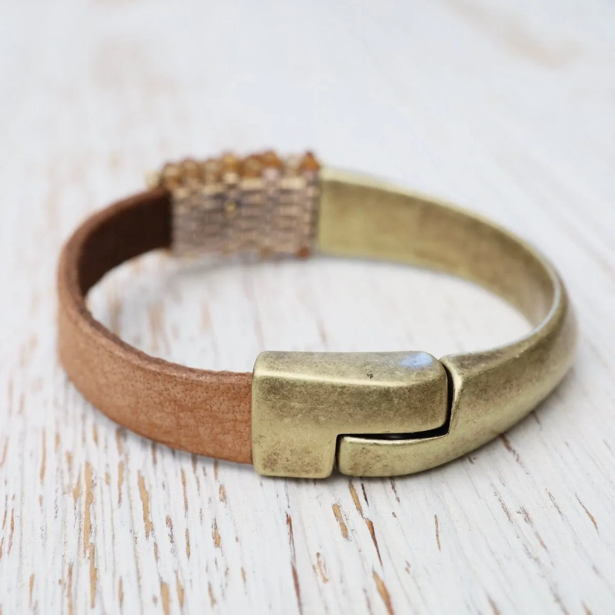 Hand Stitched Hessonite Garnet with Vermeil Trim & Leather Bracelet