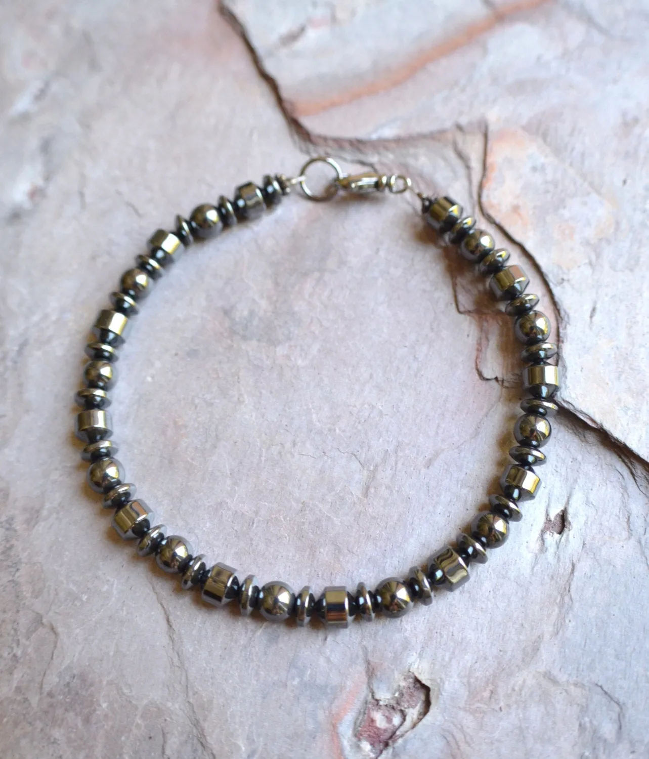 Hematite Gray Stone Mens Beaded Bracelet - Lewis