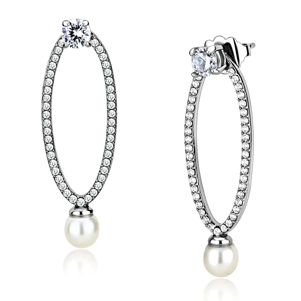 High polished (no plating) Stainless Steel Earrings with Synthetic Pearl in White for Women White Stone Color Style DA223