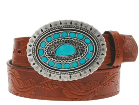 Hooey 'Sioux' Natural Brown Feather Embossed Faux Turquoise Buckle Leather Belt HWBLT001 NB