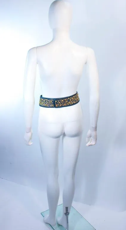 JAMES GALANOS Vintage Navy Leather Gold Stud Applique Belt Size 4-6