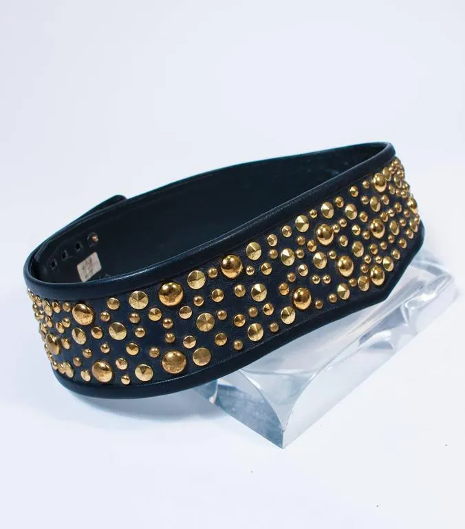 JAMES GALANOS Vintage Navy Leather Gold Stud Applique Belt Size 4-6