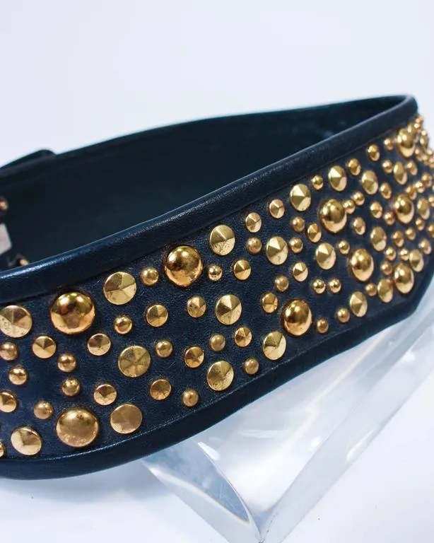 JAMES GALANOS Vintage Navy Leather Gold Stud Applique Belt Size 4-6