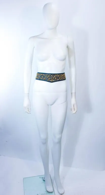 JAMES GALANOS Vintage Navy Leather Gold Stud Applique Belt Size 4-6
