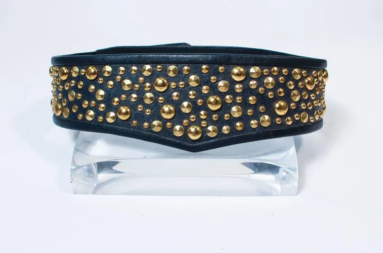 JAMES GALANOS Vintage Navy Leather Gold Stud Applique Belt Size 4-6