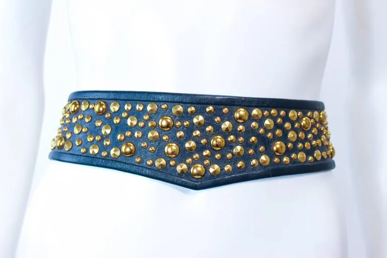 JAMES GALANOS Vintage Navy Leather Gold Stud Applique Belt Size 4-6