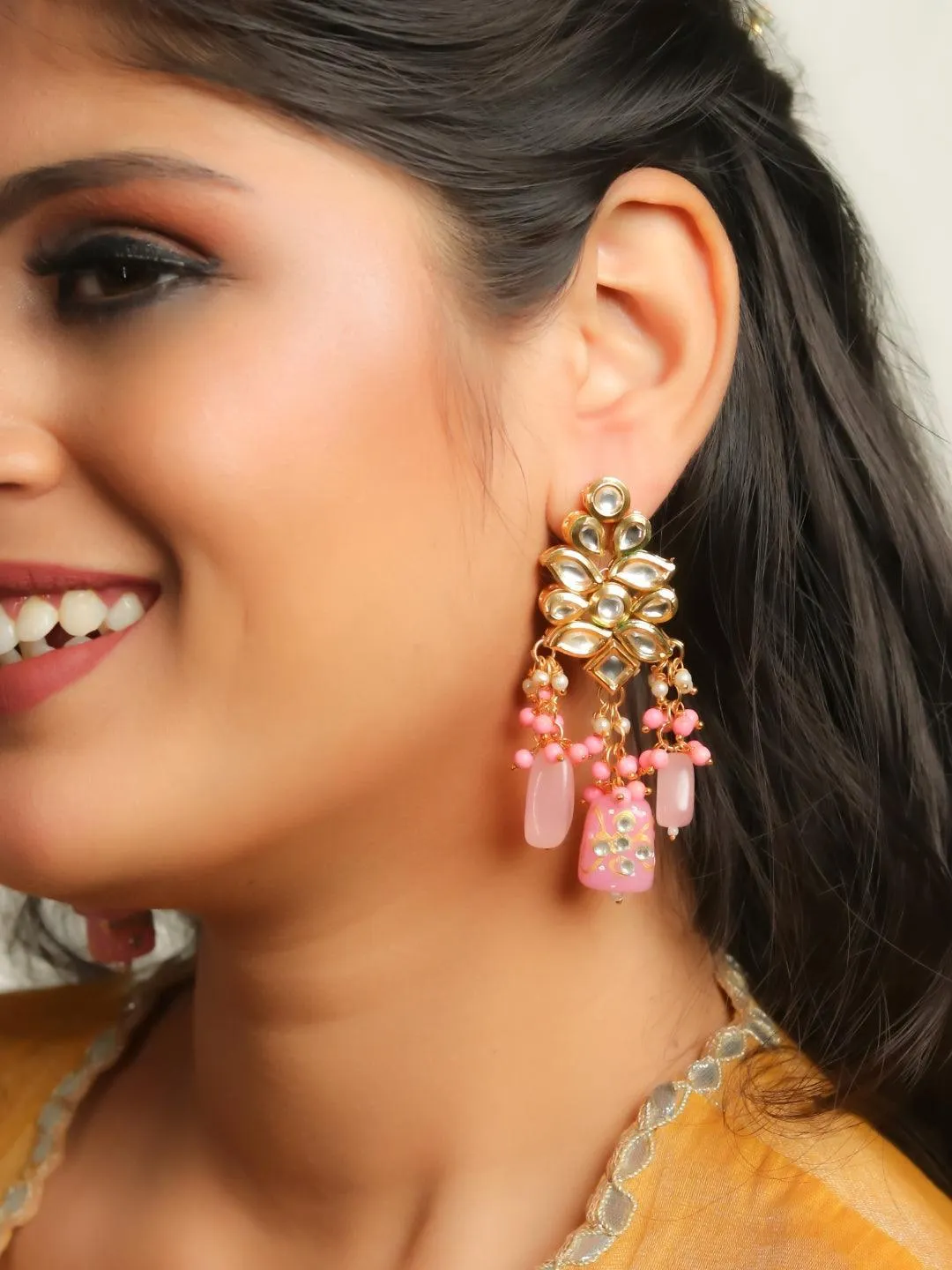 Kundan Precious Stone Earrings Light Pink