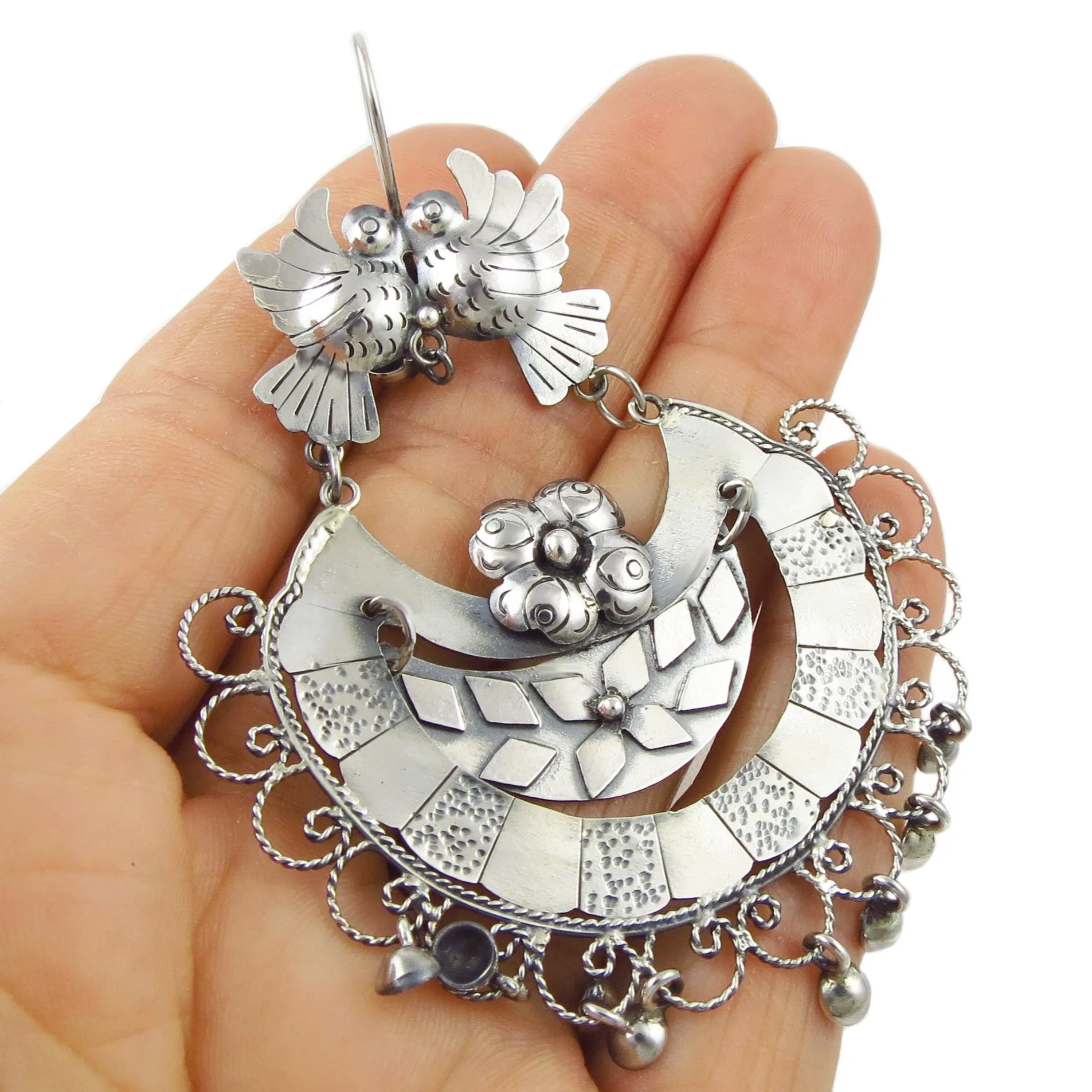 Large Hallmarked Sterling Silver Chandelier Lovebird Earrings