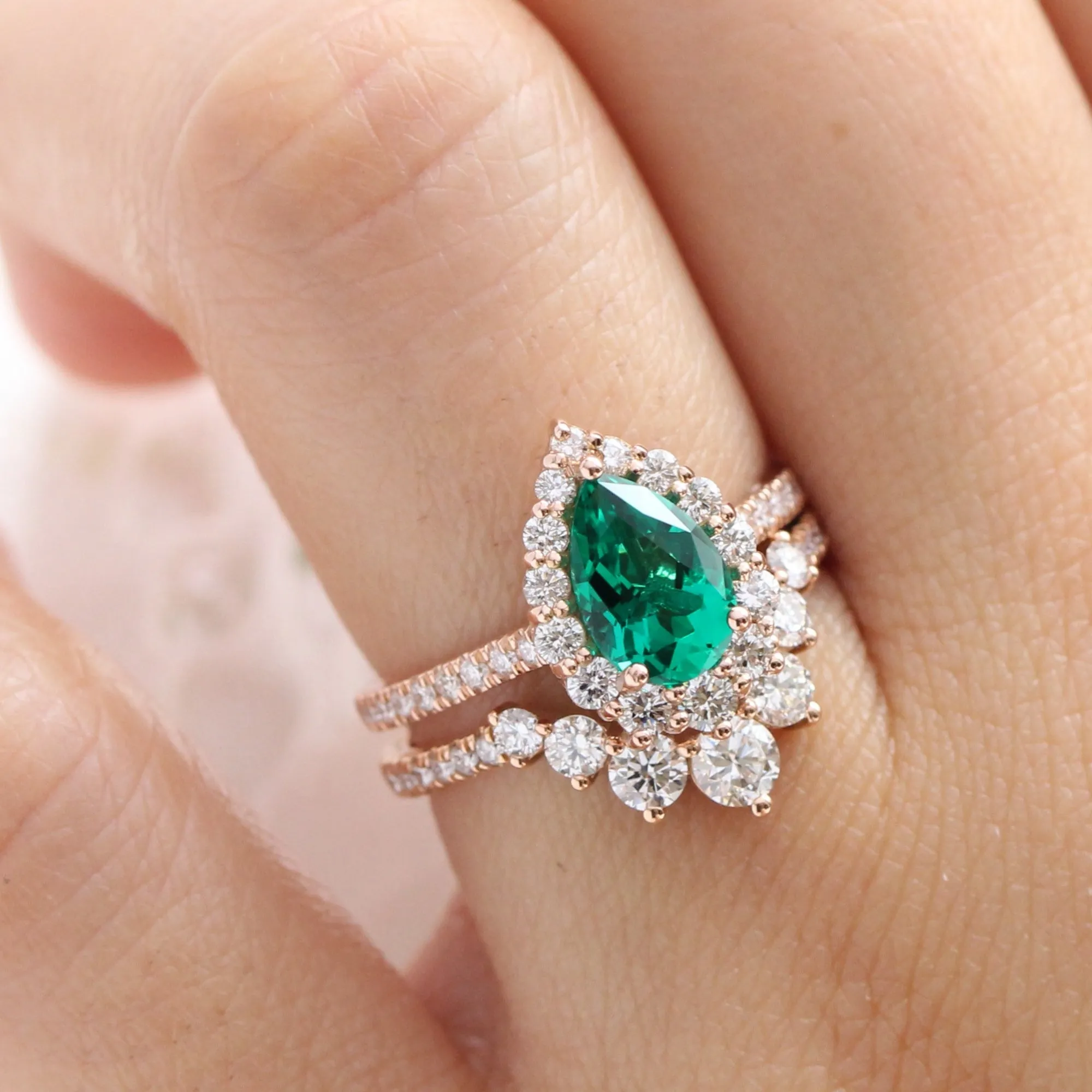Large Tiara Halo Pave Ring Set w/ Pear Emerald and Large 7 Diamond U Band