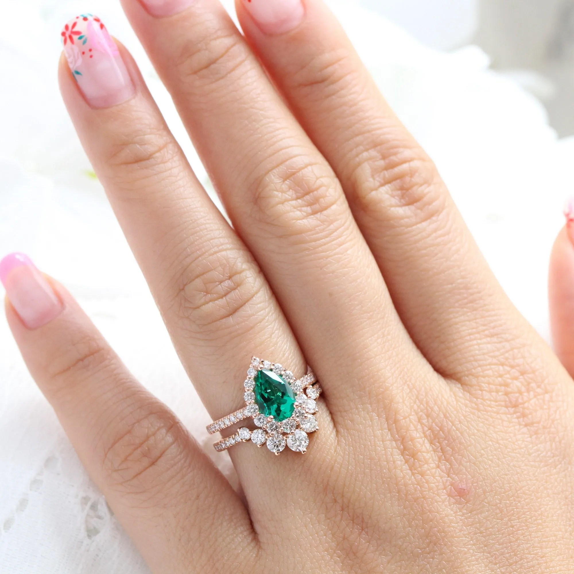 Large Tiara Halo Pave Ring Set w/ Pear Emerald and Large 7 Diamond U Band