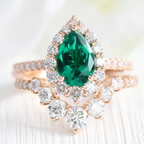 Large Tiara Halo Pave Ring Set w/ Pear Emerald and Large 7 Diamond U Band