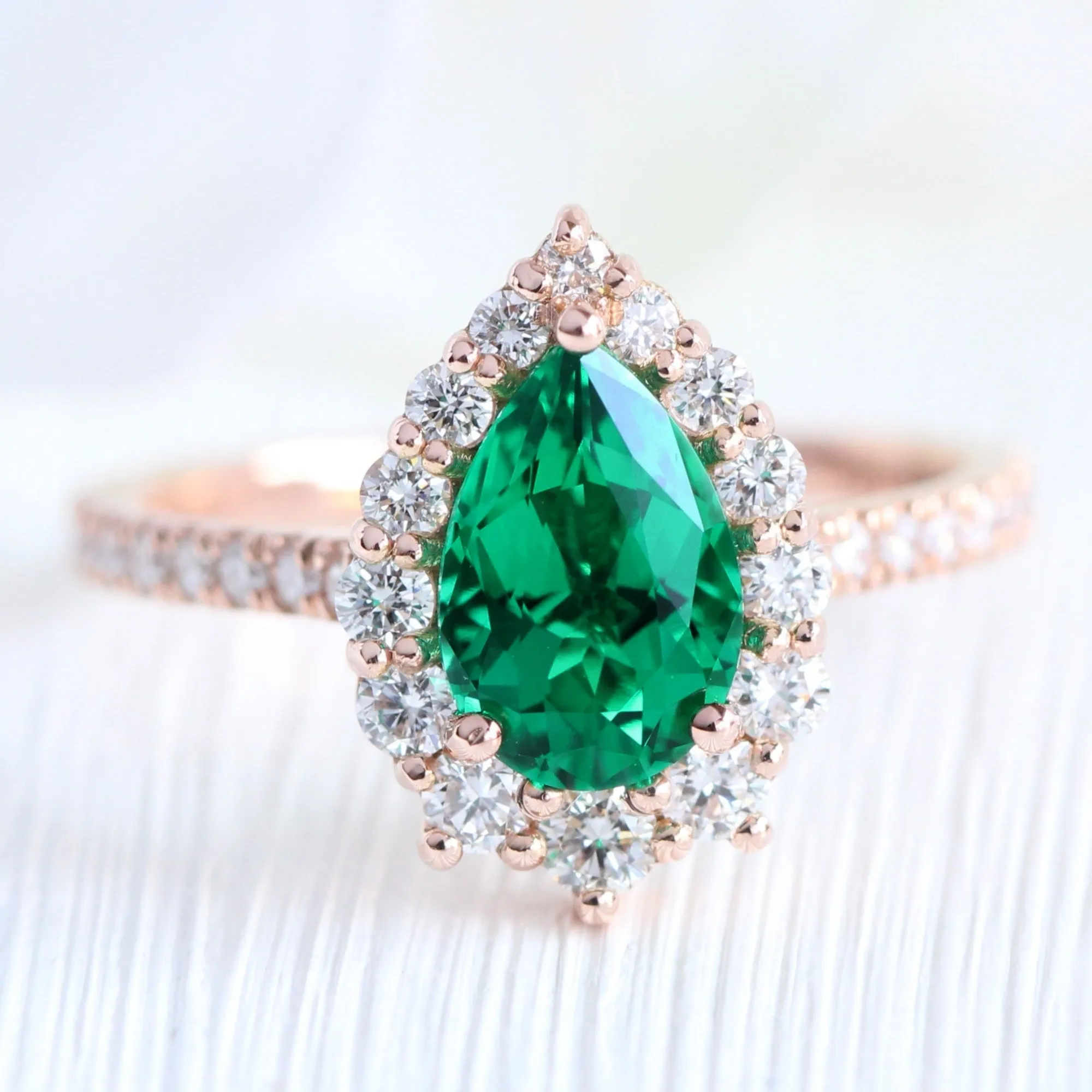 Large Tiara Halo Pave Ring Set w/ Pear Emerald and Large 7 Diamond U Band