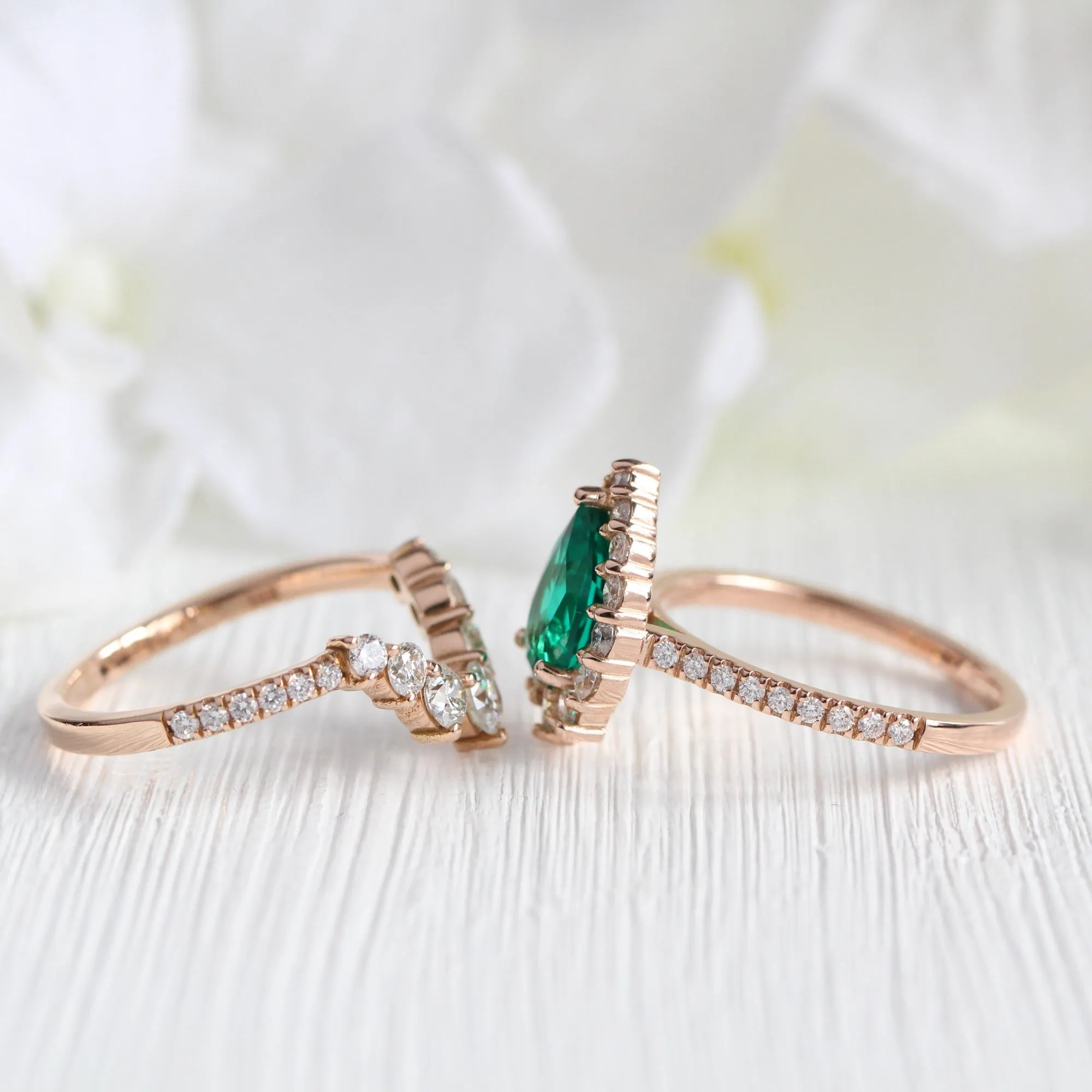 Large Tiara Halo Pave Ring Set w/ Pear Emerald and Large 7 Diamond U Band