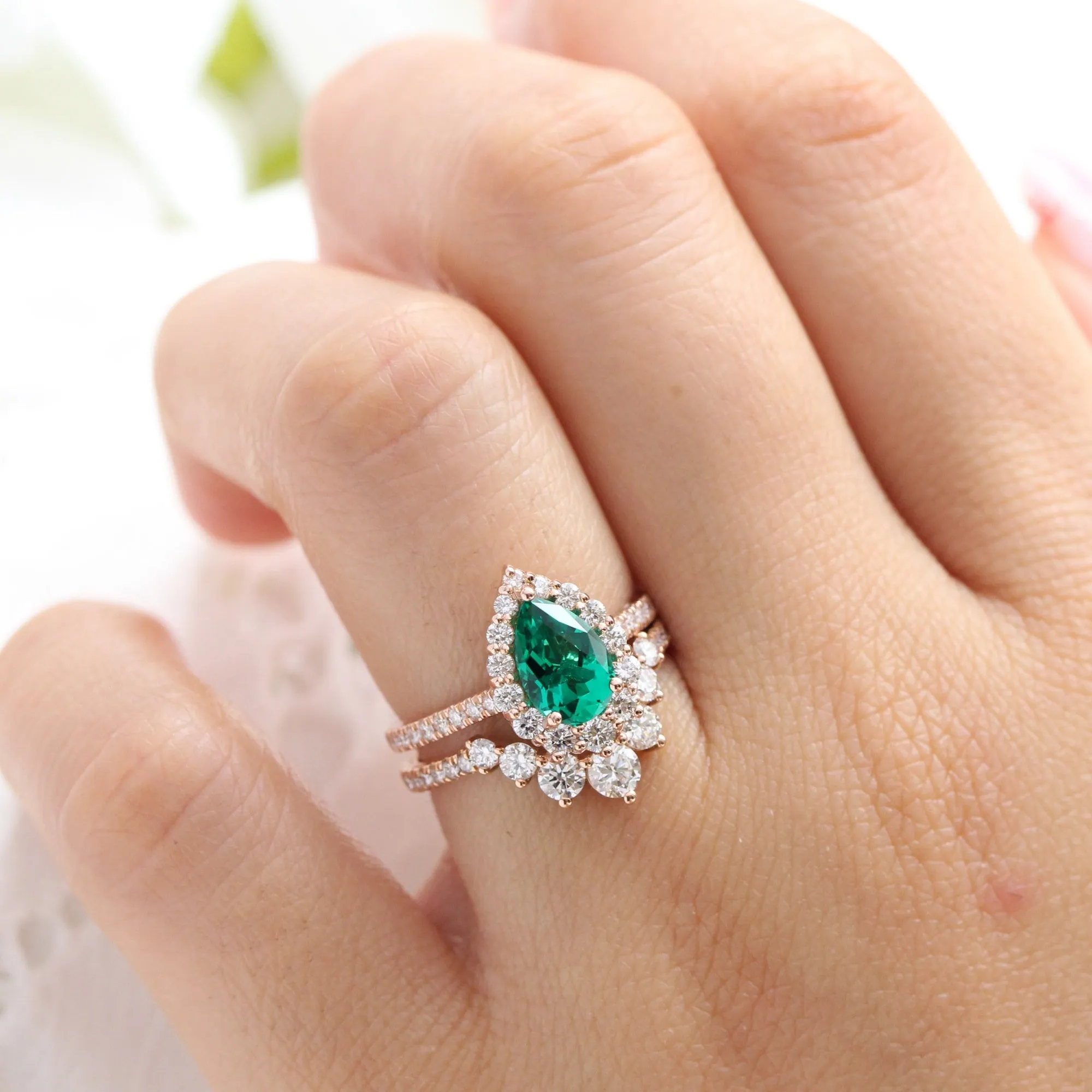 Large Tiara Halo Pave Ring Set w/ Pear Emerald and Large 7 Diamond U Band