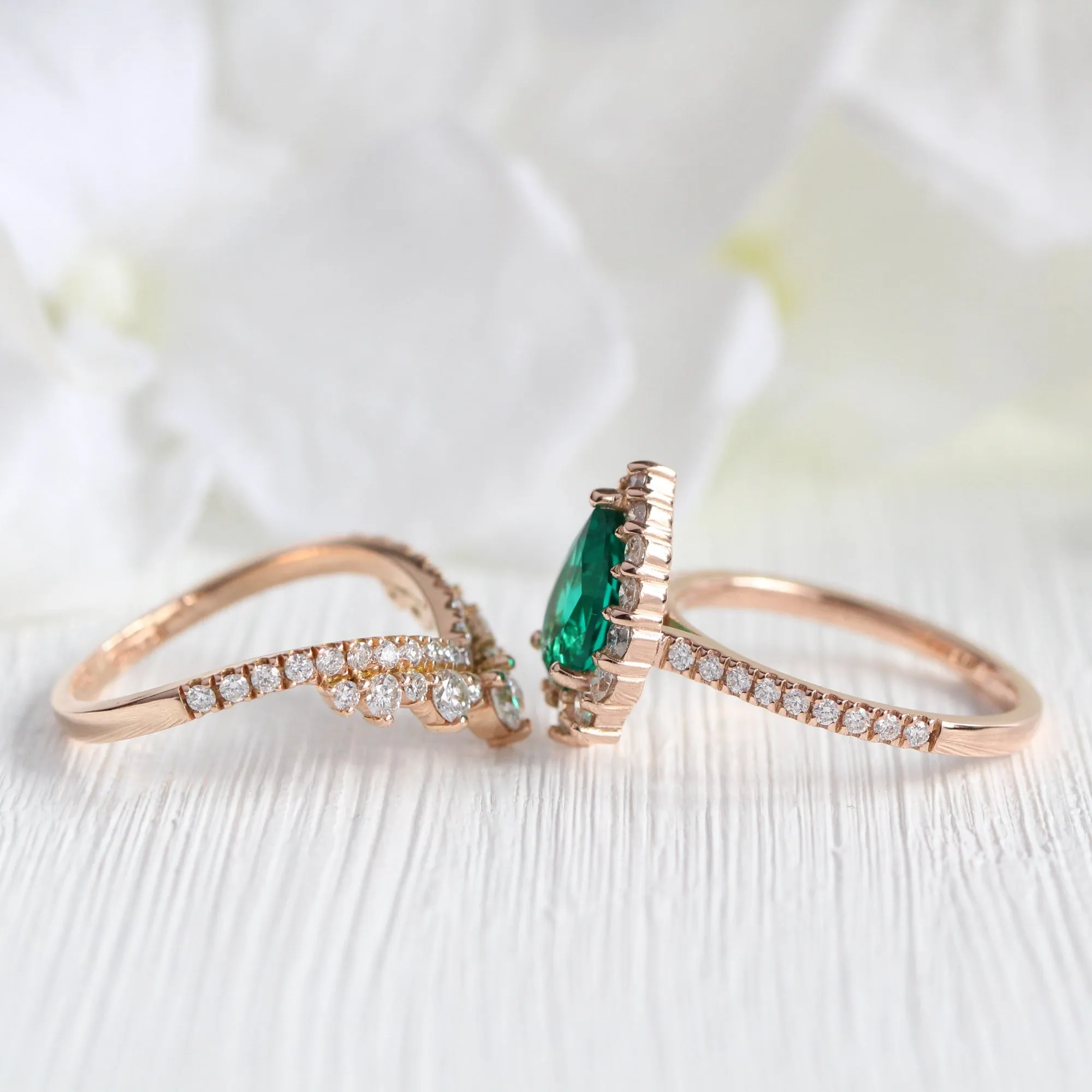 Large Tiara Halo Pave Ring Set w/ Pear Emerald and V Shaped Diamond Band