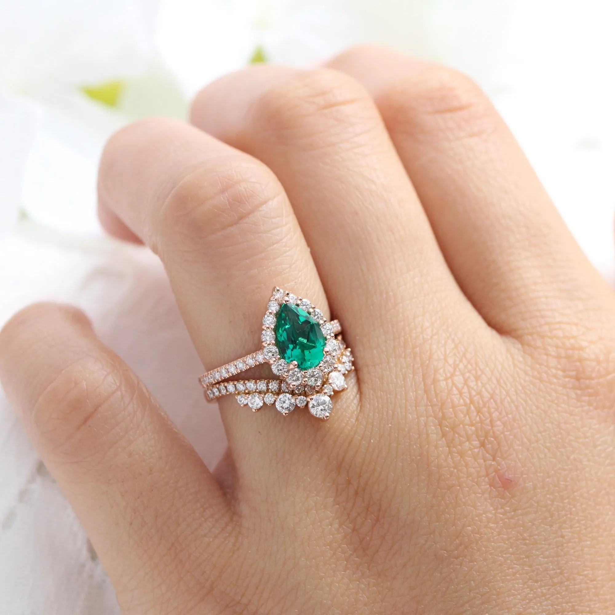 Large Tiara Halo Pave Ring Set w/ Pear Emerald and V Shaped Diamond Band