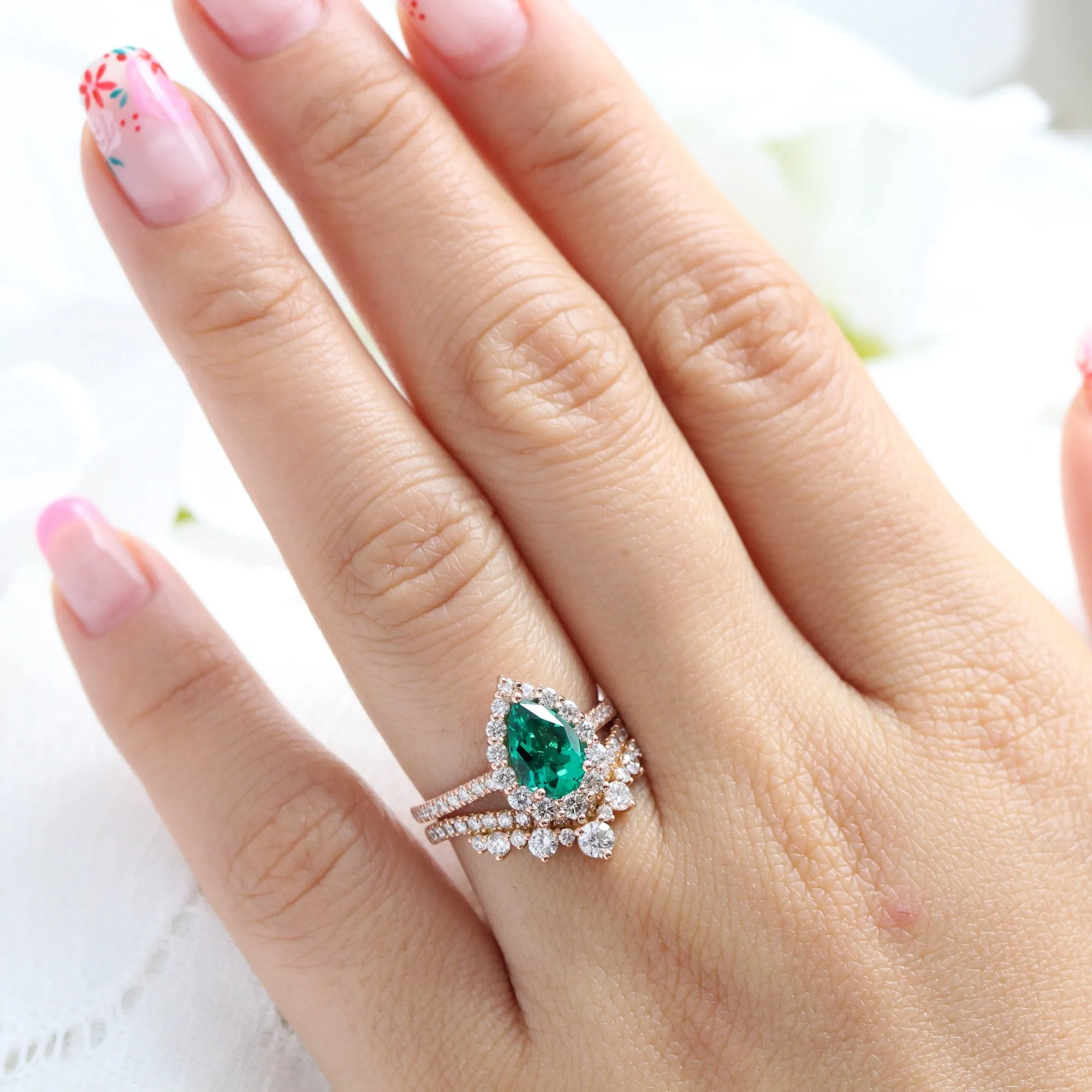 Large Tiara Halo Pave Ring Set w/ Pear Emerald and V Shaped Diamond Band