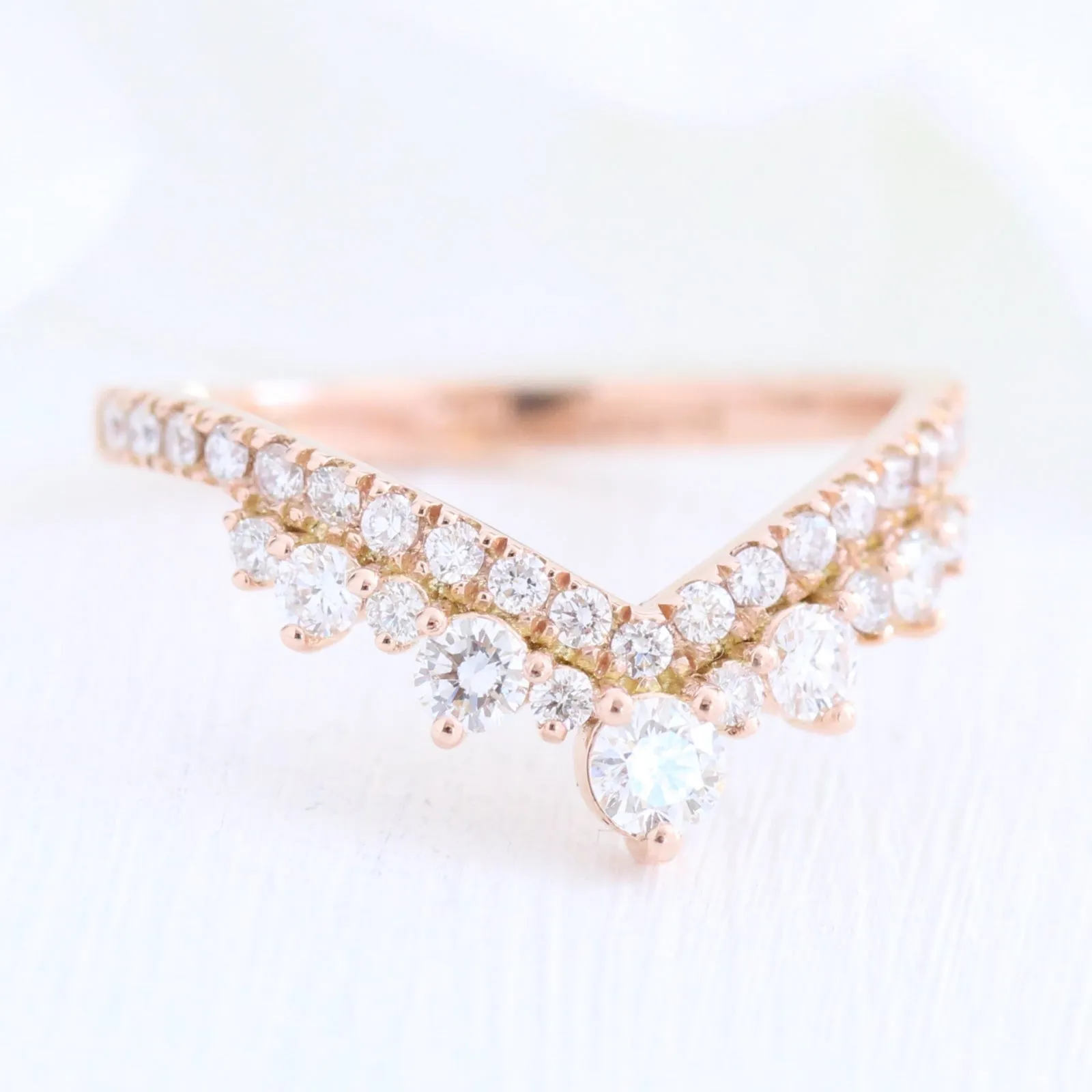 Large Tiara Halo Pave Ring Set w/ Pear Emerald and V Shaped Diamond Band