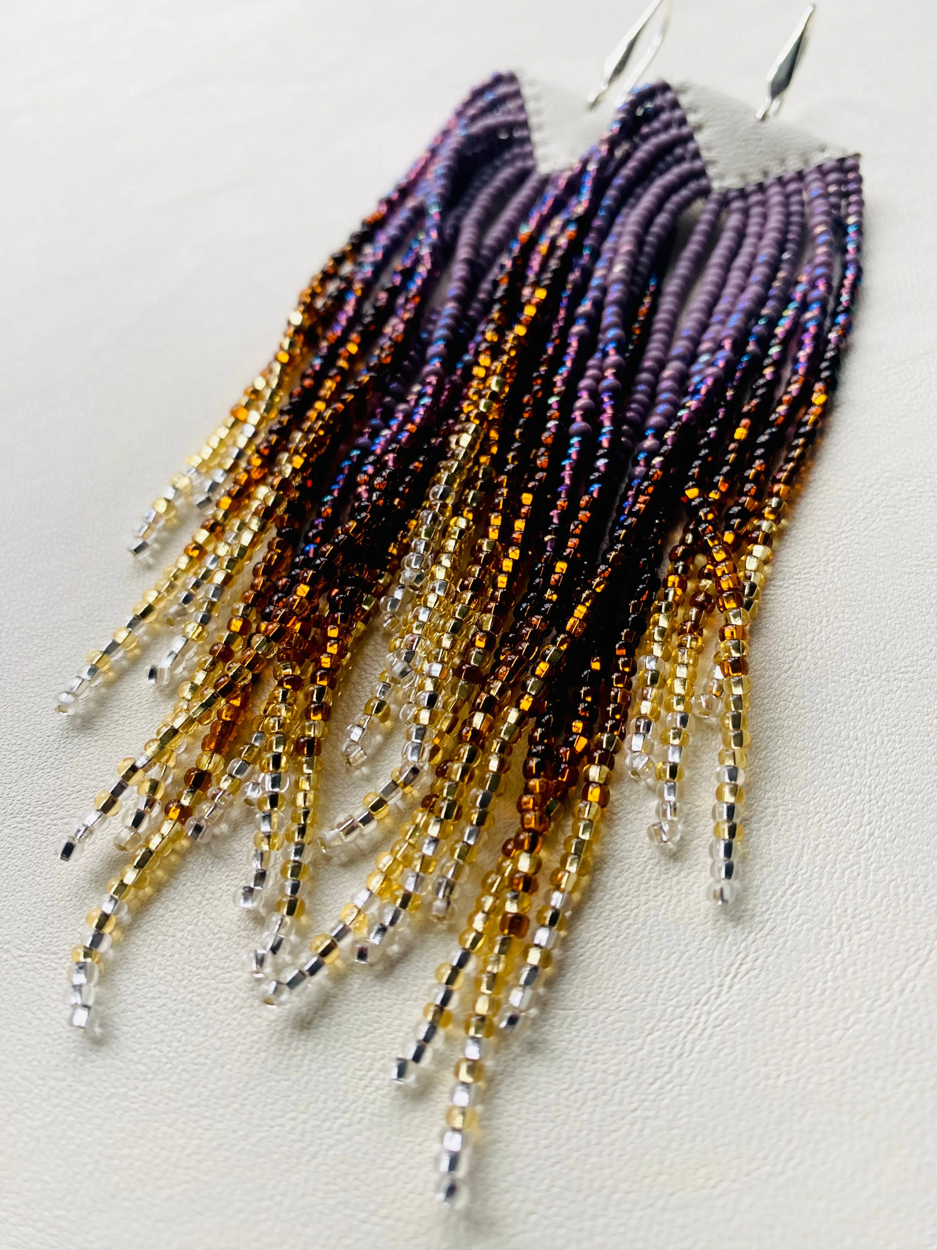 Luxury Handmade Long Dangle Ombre Purple Gold Seed Bead Earrings for Women in boho style.