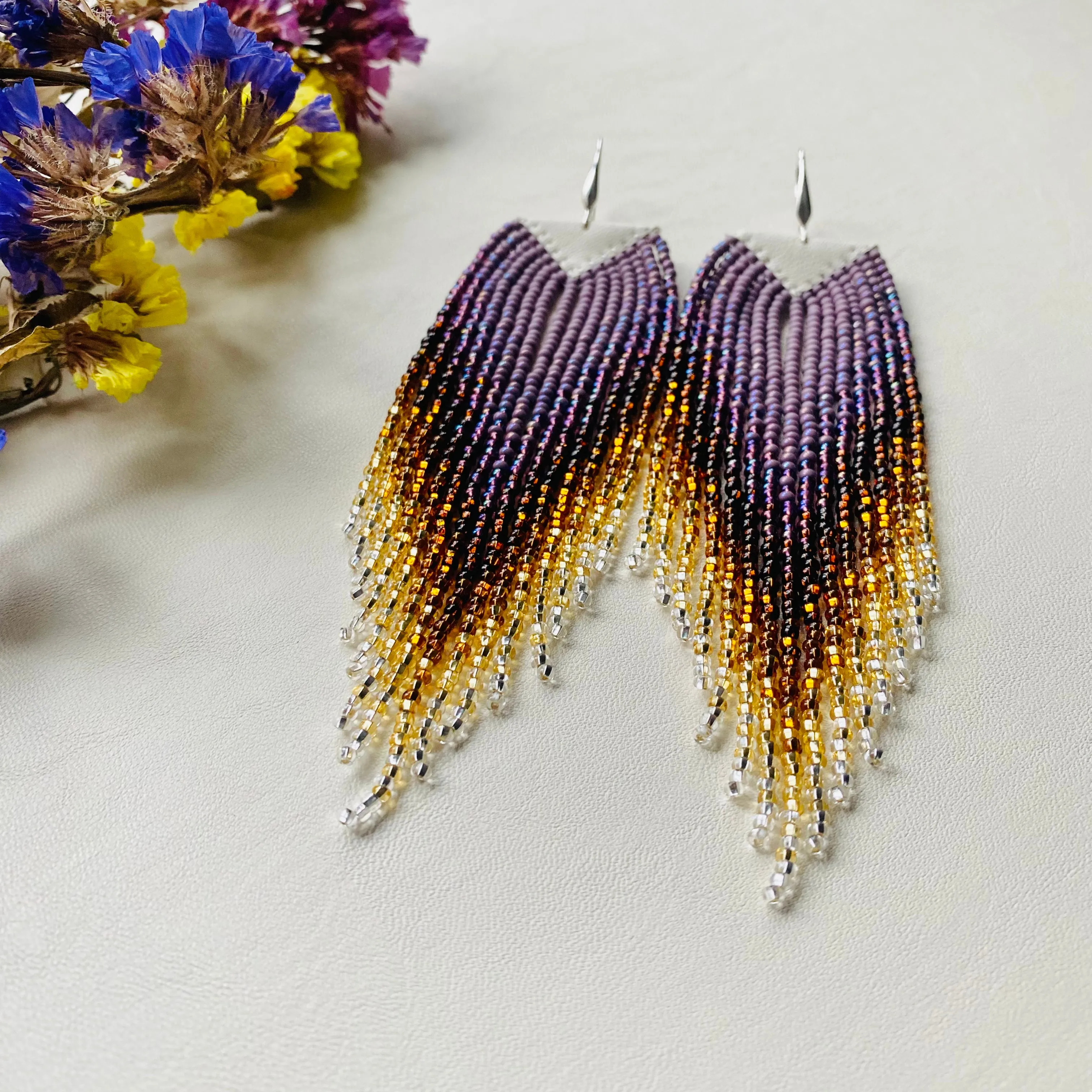 Luxury Handmade Long Dangle Ombre Purple Gold Seed Bead Earrings for Women in boho style.