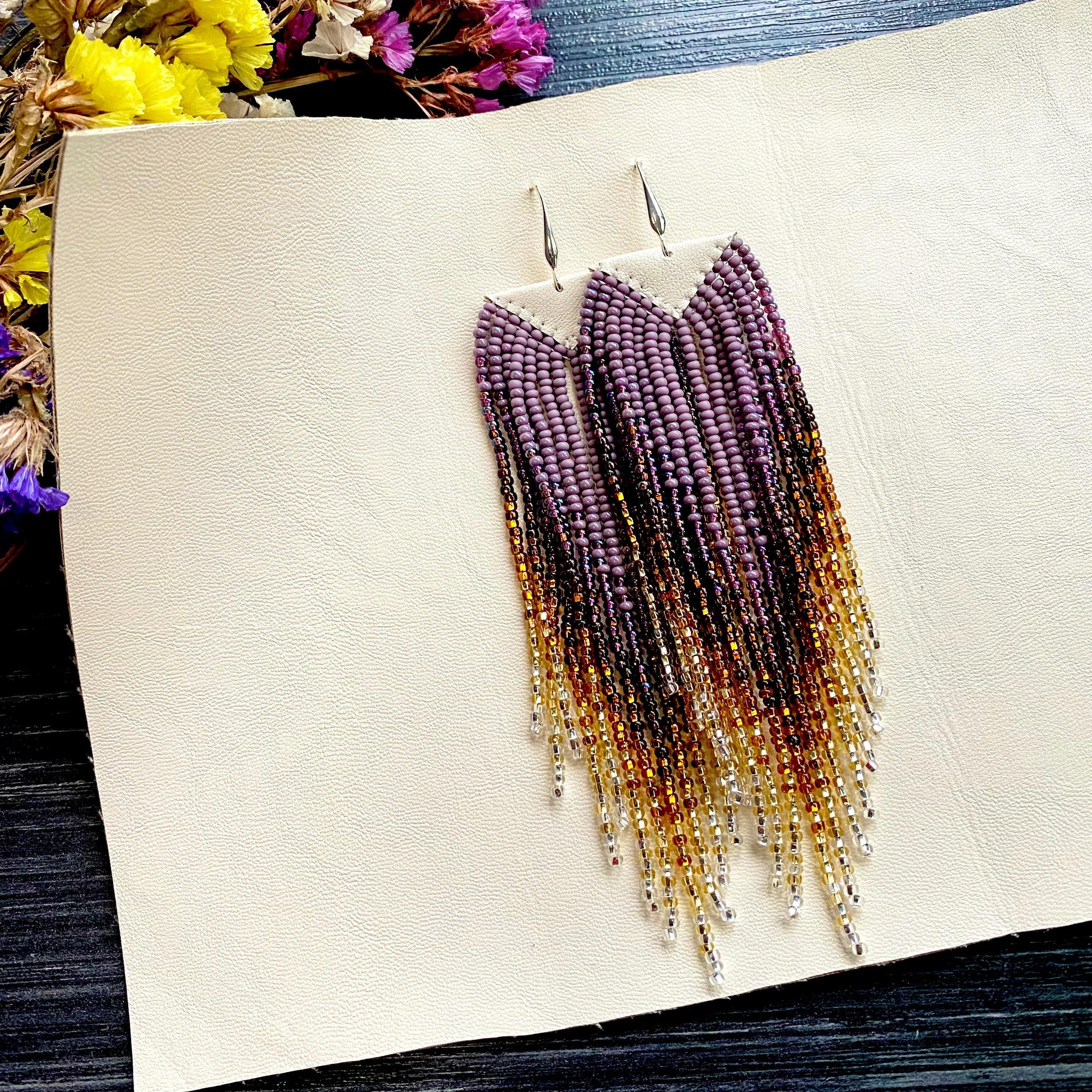 Luxury Handmade Long Dangle Ombre Purple Gold Seed Bead Earrings for Women in boho style.